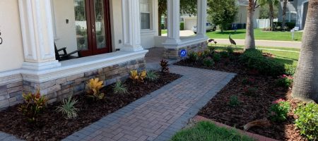 frontway of home with mulch and grass border